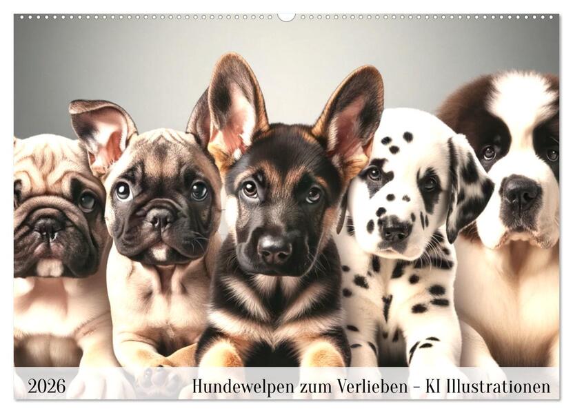 Hundewelpen zum Verlieben - KI Illustrationen (Wandkalender 2026 DIN A2 quer) CALVENDO Monatskalender