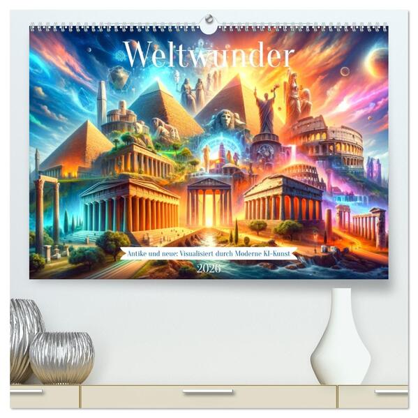 Weltwunder: Antike und neue: Visualisiert durch Moderne KI-Kunst (hochwertiger Premium Wandkalender 2026 DIN A2 quer) Kunstdruck in Hochglanz