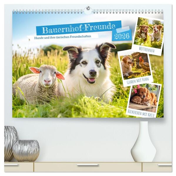 Bauernhof-Freunde - Hunde und ihre tierischen Freundschaften (hochwertiger Premium Wandkalender 2026 DIN A2 quer) Kunstdruck in Hochglanz
