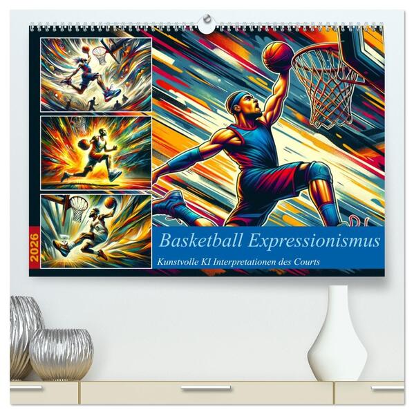 Basketball Expressionismus - Kunstvolle KI Interpretationen des Courts (hochwertiger Premium Wandkalender 2026 DIN A2 quer) Kunstdruck in Hochglanz