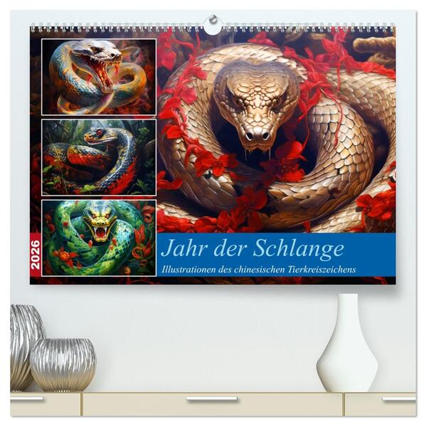 Jahr der Schlange - Illustrationen des chinesischen Tierkreiszeichens (hochwertiger Premium Wandkalender 2026 DIN A2 quer) Kunstdruck in Hochglanz