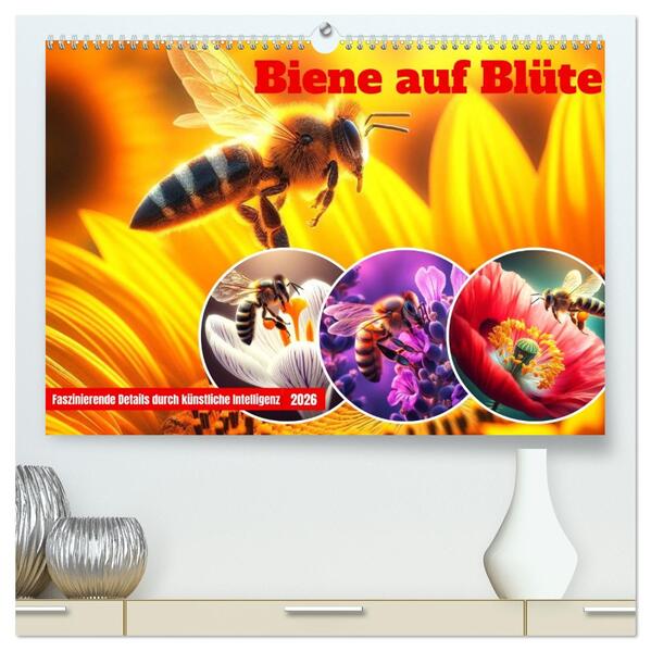 Biene auf Blüte - Faszinierende Details durch künstliche Intelligenz (hochwertiger Premium Wandkalender 2026 DIN A2 quer) Kunstdruck in Hochglanz