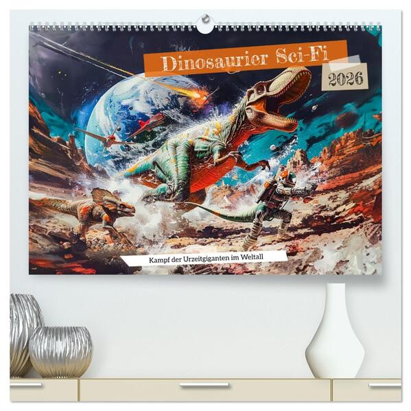 Dinosaurier Sci-Fi - Kampf der Urzeitgiganten im Weltall (hochwertiger Premium Wandkalender 2026 DIN A2 quer) Kunstdruck in Hochglanz