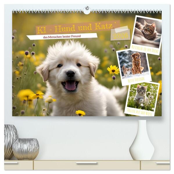 KI - Hund und Katz `des Menschen bester Freund (hochwertiger Premium Wandkalender 2026 DIN A2 quer) Kunstdruck in Hochglanz
