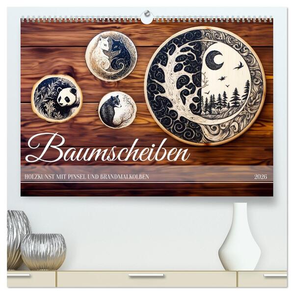 Baumscheiben - Holzkunst mit Pinsel und Brandmalkolben (hochwertiger Premium Wandkalender 2026 DIN A2 quer) Kunstdruck in Hochglanz