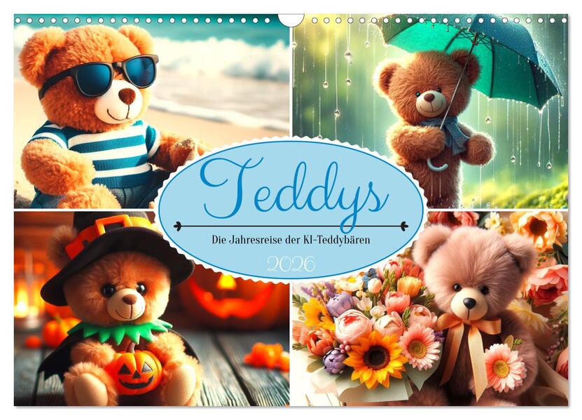 Teddys - Die Jahresreise der KI-Teddybären (Wandkalender 2026 DIN A3 quer) CALVENDO Monatskalender