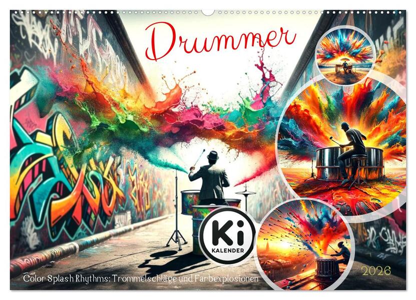 Drummer - Color Splash Rhythms: Trommelschläge und Farbexplosionen (Wandkalender 2026 DIN A2 quer) CALVENDO Monatskalender