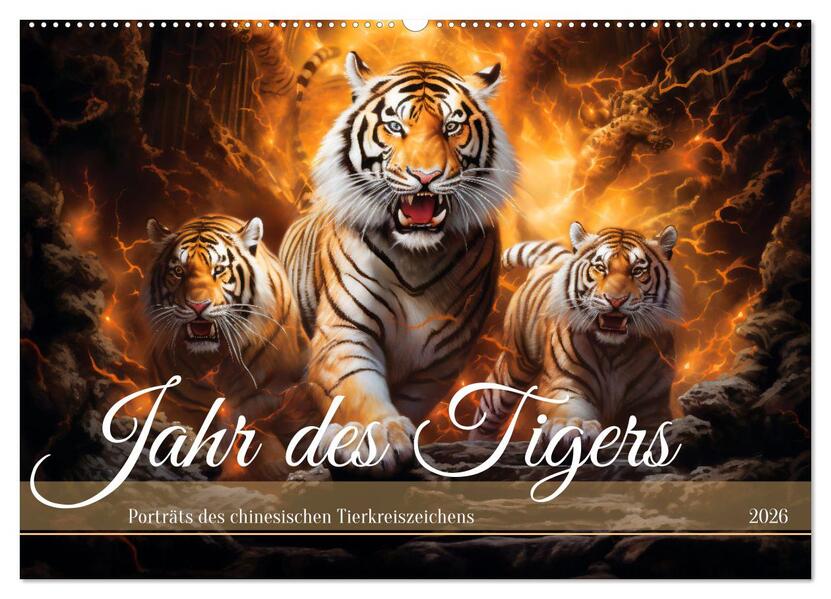 Jahr des Tigers - Porträts des chinesischen Tierkreiszeichens (Wandkalender 2026 DIN A2 quer) CALVENDO Monatskalender