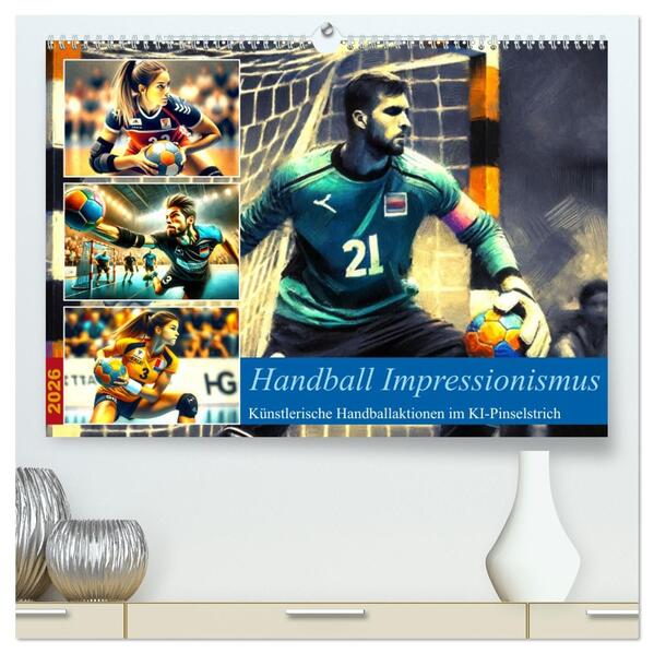 Handball Impressionismus Künstlerische Handballaktionen im KI-Pinselstrich (hochwertiger Premium Wandkalender 2026 DIN A2 quer) Kunstdruck in Hochglanz