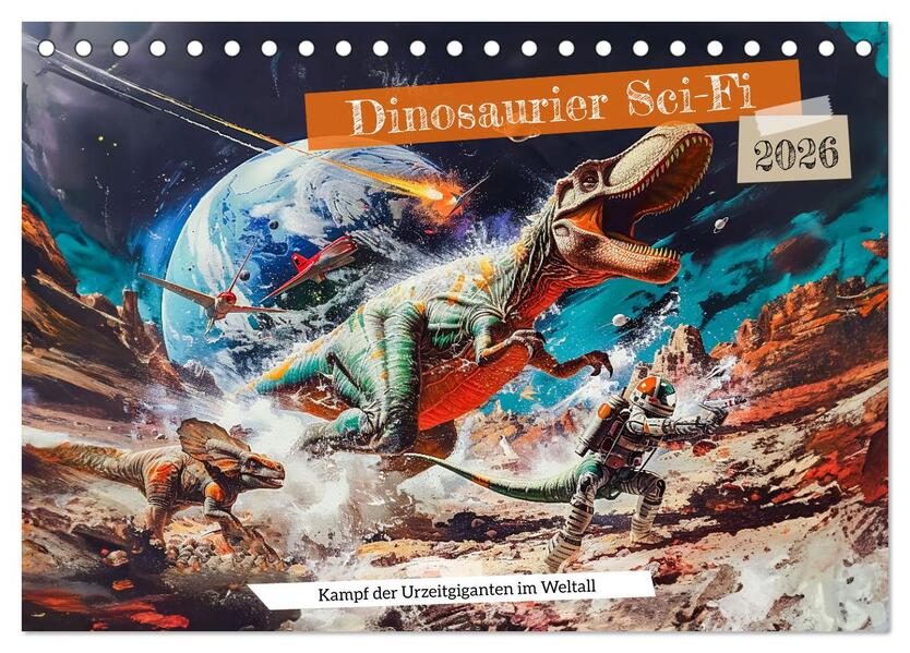 Dinosaurier Sci-Fi - Kampf der Urzeitgiganten im Weltall (Tischkalender 2026 DIN A5 quer) CALVENDO Monatskalender