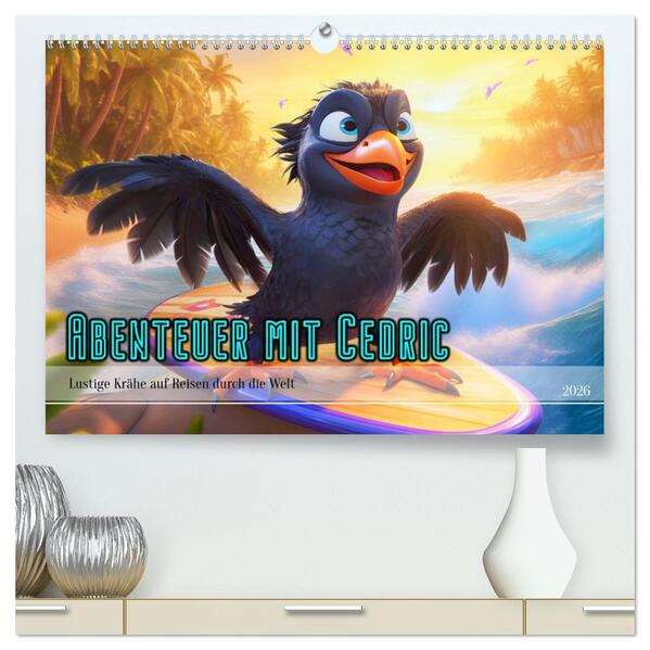 Abenteuer mit Cedric - Lustige Krähe auf Reisen durch die Welt (hochwertiger Premium Wandkalender 2026 DIN A2 quer) Kunstdruck in Hochglanz