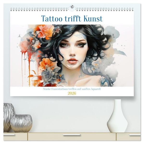 Tattoo trifft Kunst - Starke Tattoos treffen auf sanftes Aquarell (hochwertiger Premium Wandkalender 2026 DIN A2 quer) Kunstdruck in Hochglanz