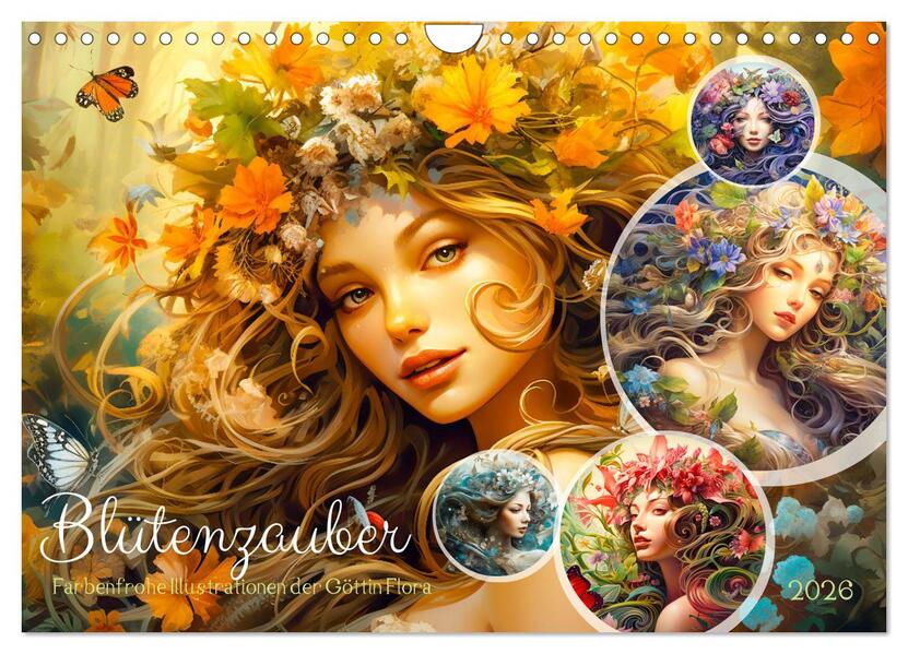 Blütenzauber - Farbenfrohe Illustrationen der Göttin Flora (Wandkalender 2026 DIN A4 quer) CALVENDO Monatskalender