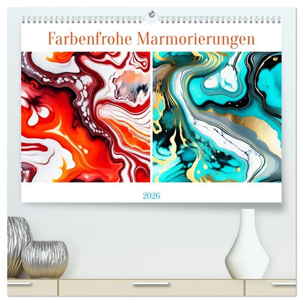 Farbenfrohe Marmorierungen (hochwertiger Premium Wandkalender 2026 DIN A2 quer) Kunstdruck in Hochglanz
