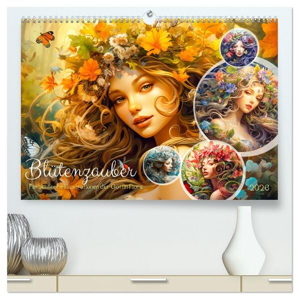 Blütenzauber - Farbenfrohe Illustrationen der Göttin Flora (hochwertiger Premium Wandkalender 2026 DIN A2 quer) Kunstdruck in Hochglanz