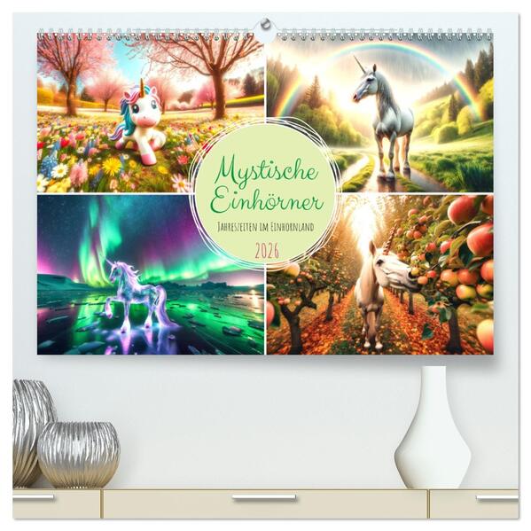 Mystische Einhörner - Jahreszeiten im Einhornland (hochwertiger Premium Wandkalender 2026 DIN A2 quer) Kunstdruck in Hochglanz