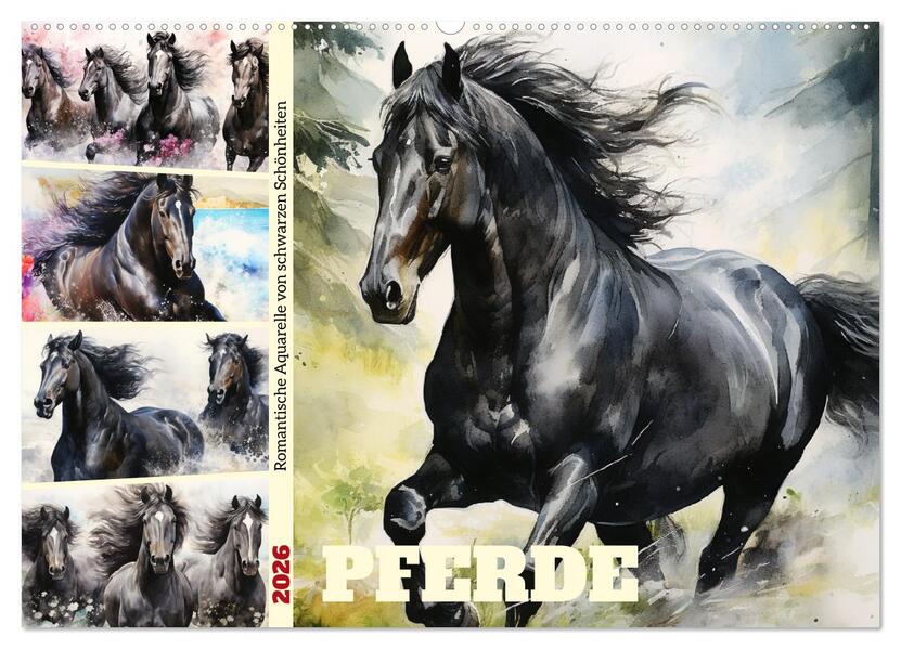Pferde. Romantische Aquarelle von schwarzen Schönheiten (Wandkalender 2026 DIN A2 quer) CALVENDO Monatskalender