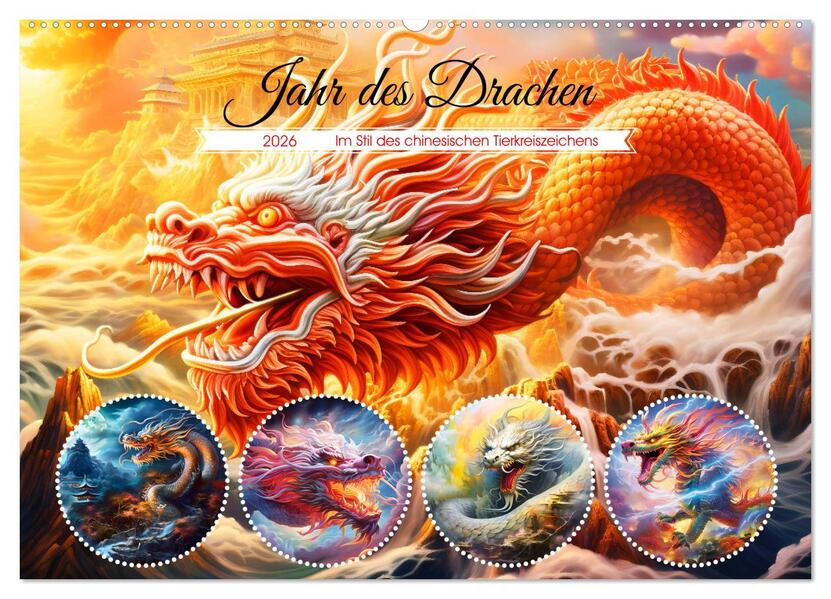Jahr des Drachen - Im Stil des chinesischen Tierkreiszeichens (Wandkalender 2026 DIN A2 quer) CALVENDO Monatskalender