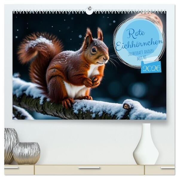 Rote Eichhörnchen - zauberhaft anders mit KI (hochwertiger Premium Wandkalender 2026 DIN A2 quer) Kunstdruck in Hochglanz