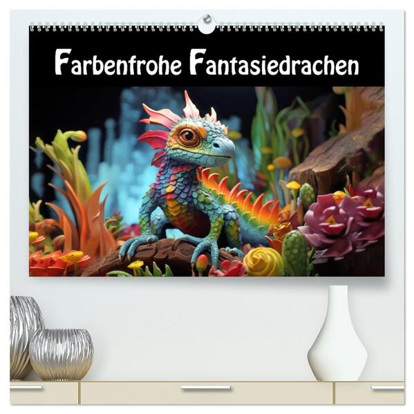 Farbenfrohe Fantasiedrachen (hochwertiger Premium Wandkalender 2026 DIN A2 quer) Kunstdruck in Hochglanz