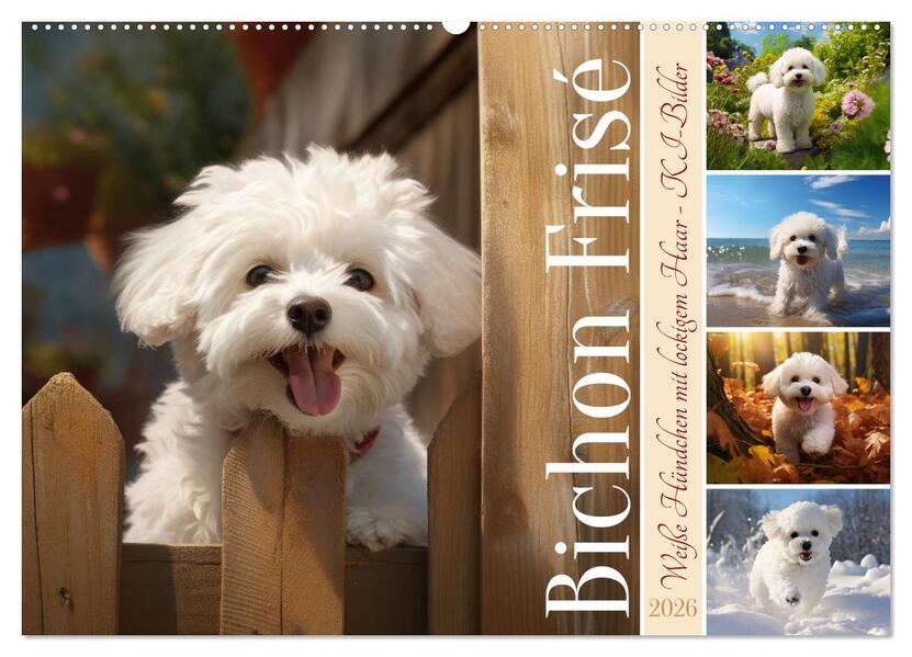 Bichon frisé weiße Hündchen mit lockigem Haar (Wandkalender 2026 DIN A2 quer) CALVENDO Monatskalender