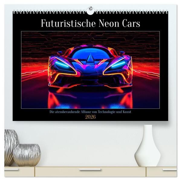 Futuristische Neon Cars (hochwertiger Premium Wandkalender 2026 DIN A2 quer) Kunstdruck in Hochglanz