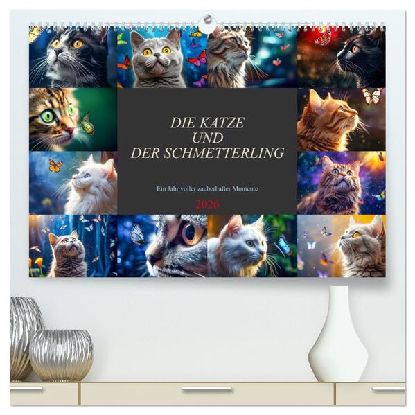Die Katze und der Schmetterling (hochwertiger Premium Wandkalender 2026 DIN A2 quer) Kunstdruck in Hochglanz