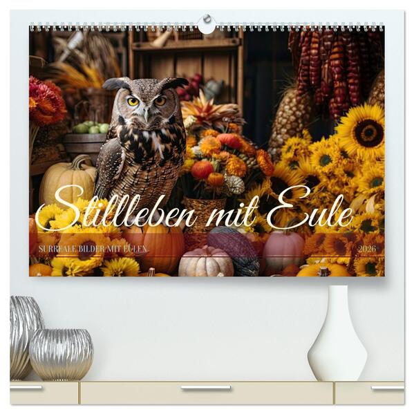 Stillleben mit Eule (hochwertiger Premium Wandkalender 2026 DIN A2 quer) Kunstdruck in Hochglanz