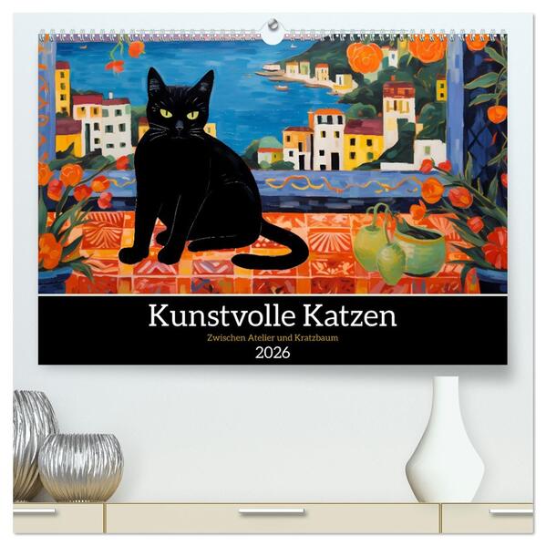 Kunstvolle Katzen (hochwertiger Premium Wandkalender 2026 DIN A2 quer) Kunstdruck in Hochglanz