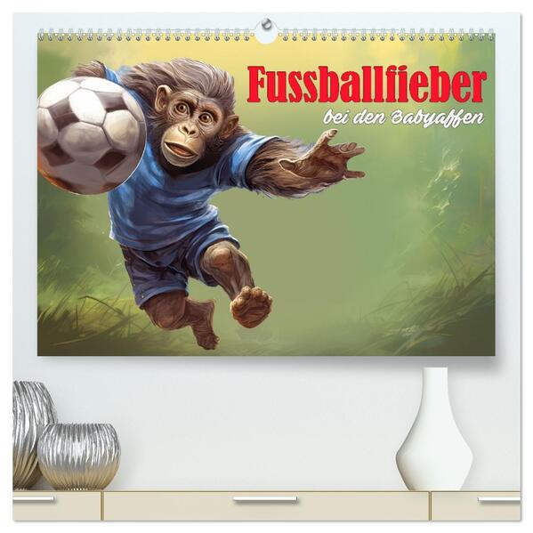 Fußballfieber bei den Babyaffen (hochwertiger Premium Wandkalender 2026 DIN A2 quer) Kunstdruck in Hochglanz
