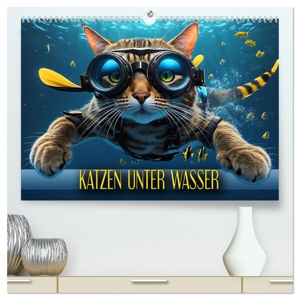 Katzen unter Wasser (hochwertiger Premium Wandkalender 2026 DIN A2 quer) Kunstdruck in Hochglanz