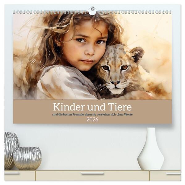 Kinder und Tiere (hochwertiger Premium Wandkalender 2026 DIN A2 quer) Kunstdruck in Hochglanz