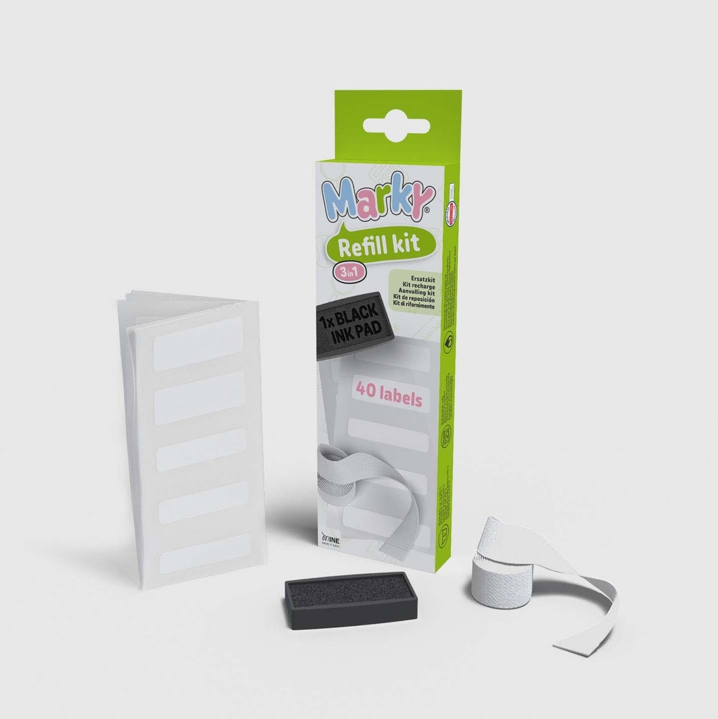 COLOP MARKY Refill-Kit Set mit Stempelkissen 40 Etiketten und 1m Aufbügelband