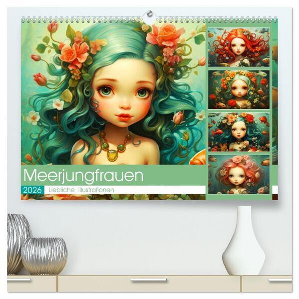 Zauberhafte Meerjungfrauen. Liebliche Illustrationen (hochwertiger Premium Wandkalender 2026 DIN A2 quer) Kunstdruck in Hochglanz