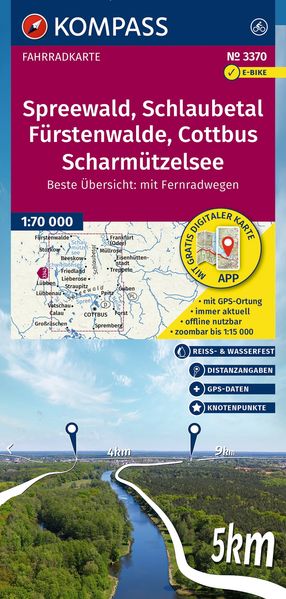 KOMPASS Fahrradkarte 3370 Spreewald Schlaubetal Fürstenwalde Cottbus Scharmützelsee mit Knotenpunkten 1:70.000
