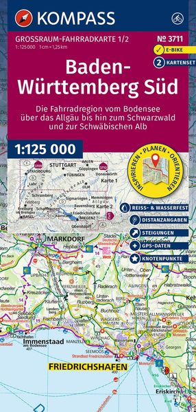 KOMPASS Großraum Fahrradkarte 3711 Baden-Württemberg Süd die Fahrradregion vom Bodensee über das Allgäu bis zum Schwarzwald und der Schwäbischen Alb; mit Knotenpunkten 1:125.000