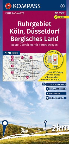 KOMPASS Fahrradkarte 3367 Ruhrgebiet Köln Düsseldorf Bergisches Land mit Knotenpunkten 1:70.000