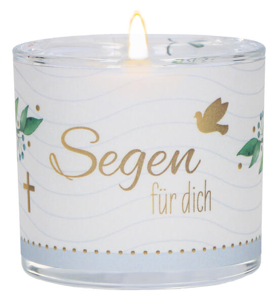 Butzon & Bercker Glaswindlicht 'Segen für dich' Ø 6 cm - handgeblasenes Windlicht mit Pergamentumleger türkise Geschenkverpackung weißes Teelicht liebevolles Geschenk zur Taufe