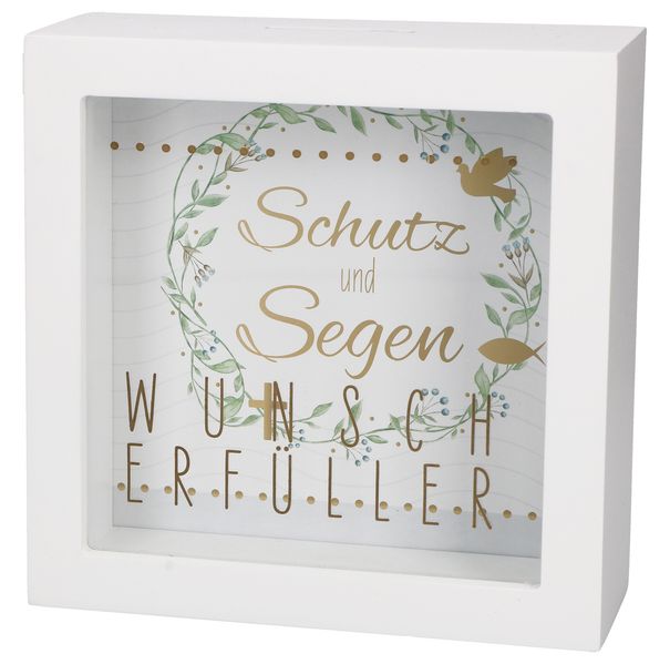 Butzon & Bercker Bilderrahmen-Spardose Wunscherfüller 14 x 14 x 55 cm - Holz 2-in-1 Geschenkbox zum Aufstellen individualisierbares Hintergrundbild Golddruck auf Glasscheibe originelle Verpackung