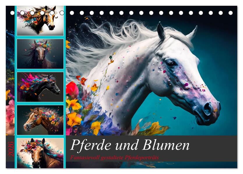 Pferde und Blumen (Tischkalender 2026 DIN A5 quer) CALVENDO Monatskalender