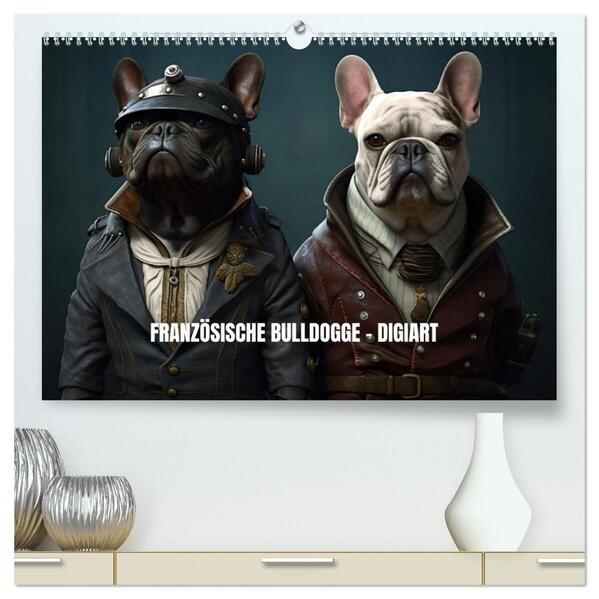 Französische Bulldogge KI Digiart (hochwertiger Premium Wandkalender 2026 DIN A2 quer) Kunstdruck in Hochglanz