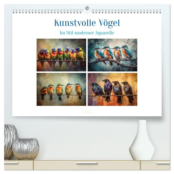 Kunstvolle Vögel (hochwertiger Premium Wandkalender 2026 DIN A2 quer) Kunstdruck in Hochglanz