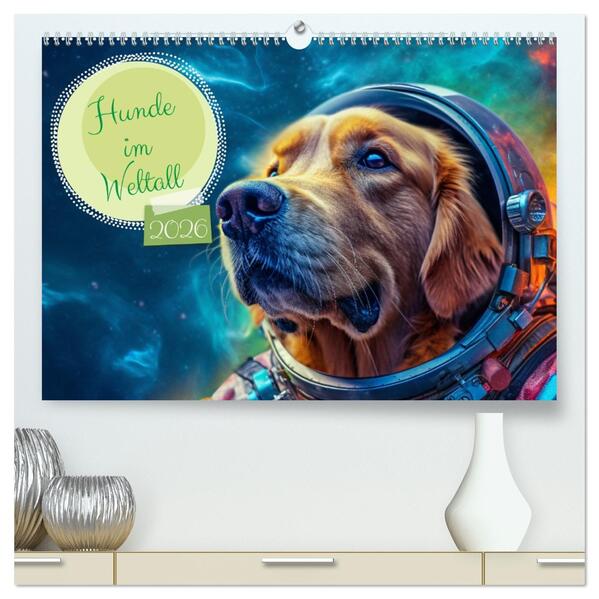 Hunde im Weltall (hochwertiger Premium Wandkalender 2026 DIN A2 quer) Kunstdruck in Hochglanz
