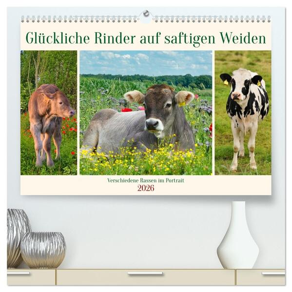 Glückliche Rinder auf saftigen Weiden (hochwertiger Premium Wandkalender 2026 DIN A2 quer) Kunstdruck in Hochglanz