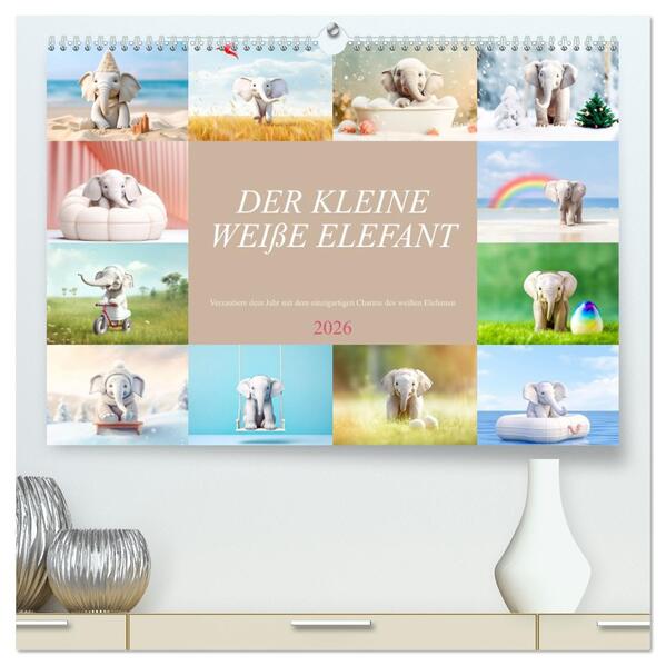 Der kleine weiße Elefant (hochwertiger Premium Wandkalender 2026 DIN A2 quer) Kunstdruck in Hochglanz