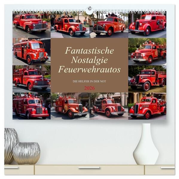 Fantastische Nostalgie Feurwehrautos (hochwertiger Premium Wandkalender 2026 DIN A2 quer) Kunstdruck in Hochglanz