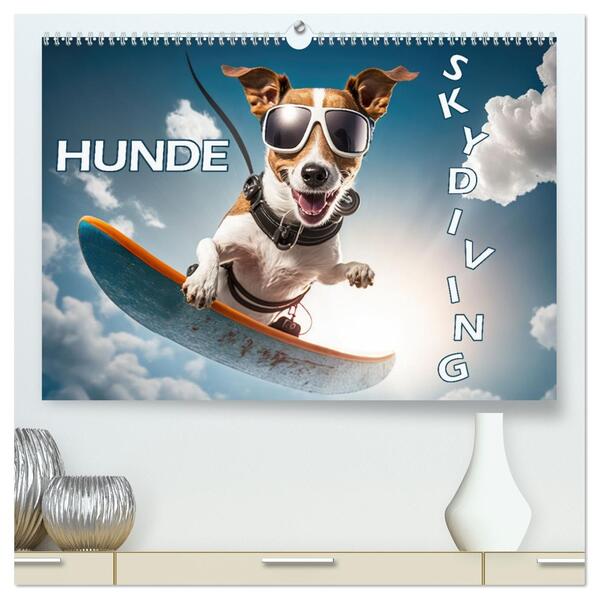 Hunde Skydiving (hochwertiger Premium Wandkalender 2026 DIN A2 quer) Kunstdruck in Hochglanz
