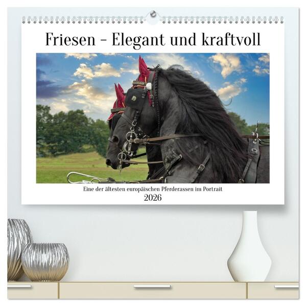 Friesen - elegant und kraftvoll (hochwertiger Premium Wandkalender 2026 DIN A2 quer) Kunstdruck in Hochglanz