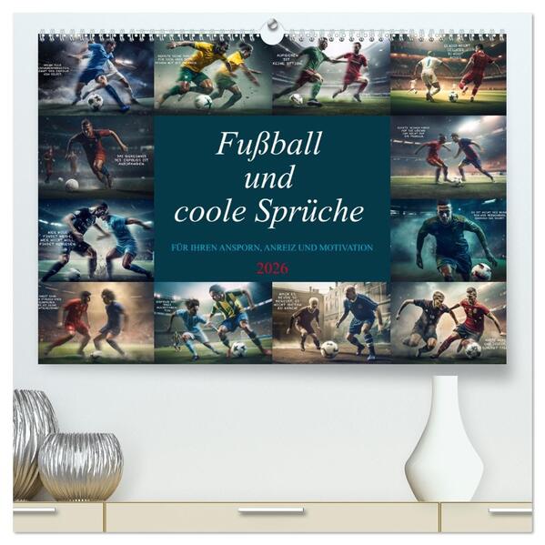 Fußball und coole Sprüche (hochwertiger Premium Wandkalender 2026 DIN A2 quer) Kunstdruck in Hochglanz