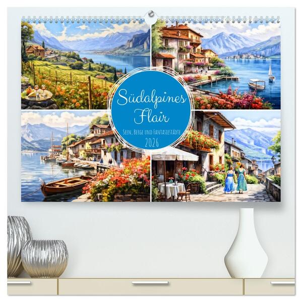 Südalpines Flair - Seen Berge und Fantasiestädte (hochwertiger Premium Wandkalender 2026 DIN A2 quer) Kunstdruck in Hochglanz